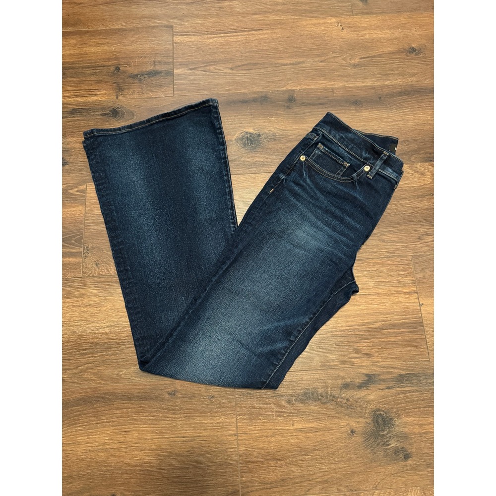 Express Conscious Edit 70s Flare Mid Rise Dark Wash Distressed Jeans 4R